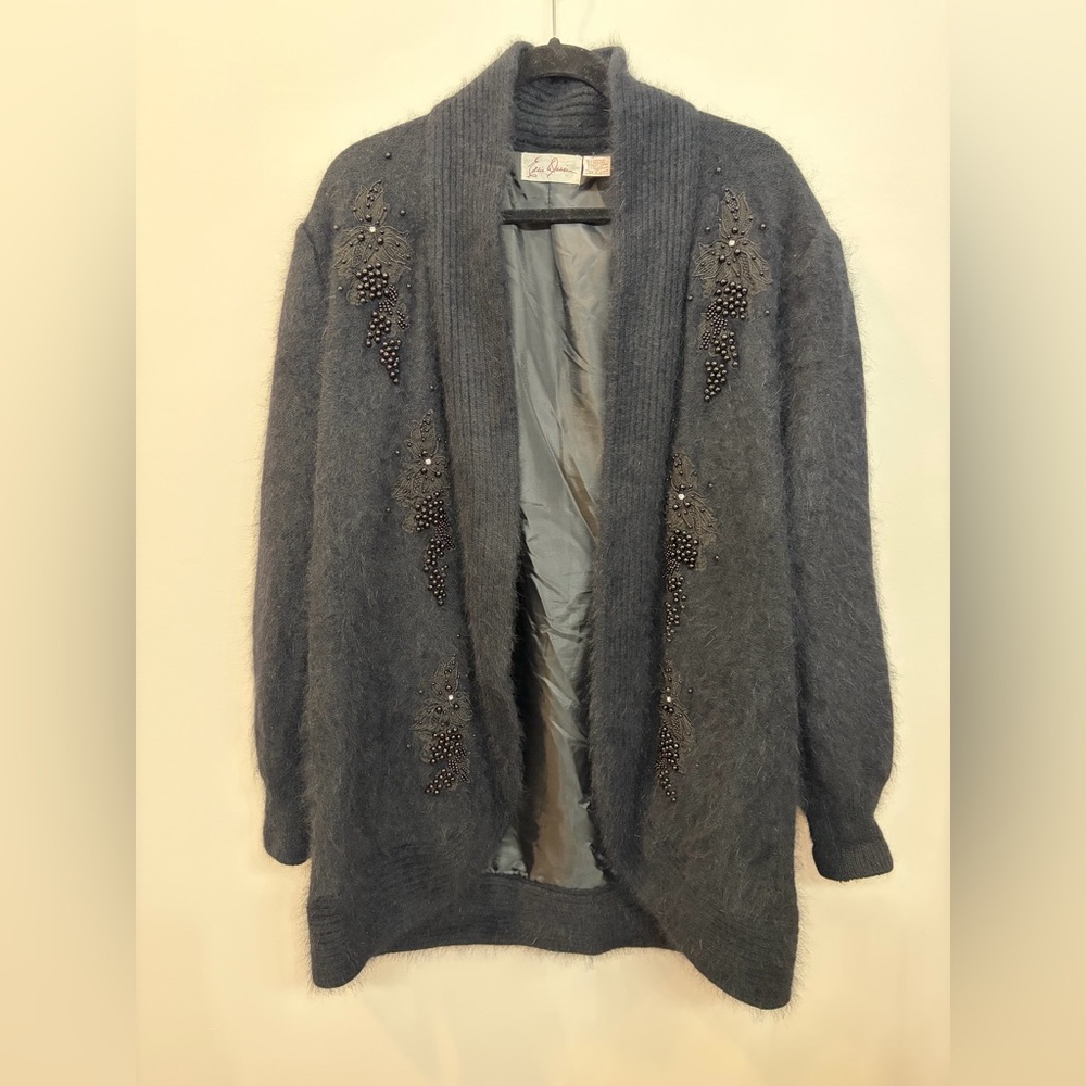 Vintage Eddie Dassin Angora Lambs Wool Rabbit Hair Bead Oversized Cardigan Small